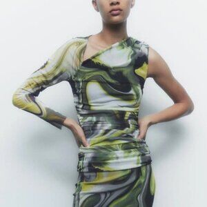 Zara Green printed tulle top asymmetric sleeves & neckline Medium